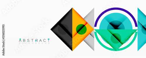 Geometric abstract design with layered triangles, circles, and gradients, forming a structured pattern with sharp contrasts and depth