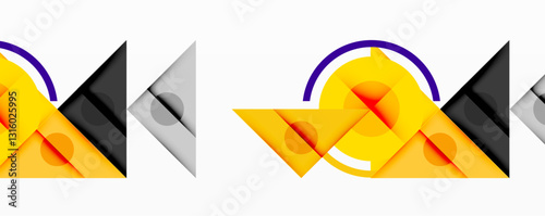 Geometric abstract design with layered triangles, circles, and gradients, forming a structured pattern with sharp contrasts and depth
