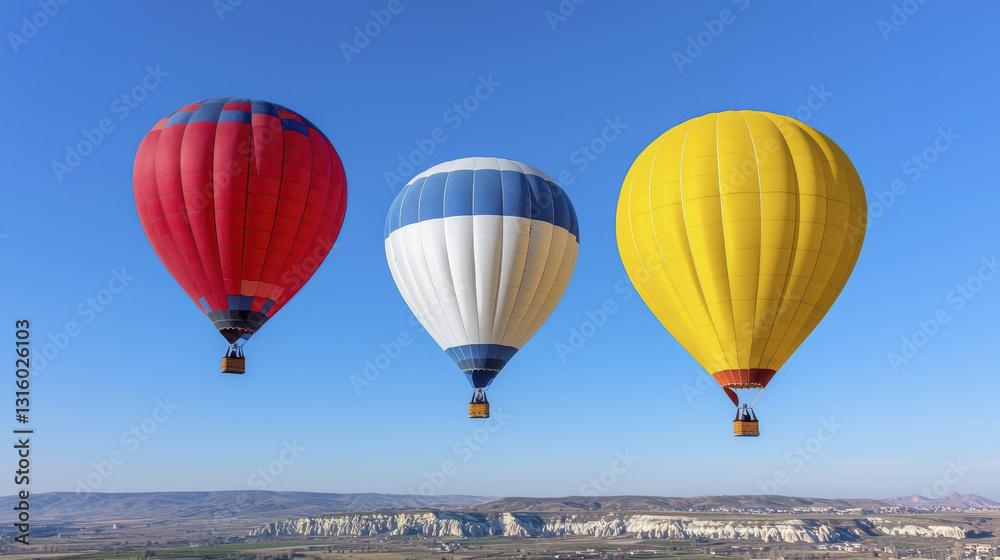 Fototapeta premium Colorful hot air balloons soaring in clear blue sky over scenic landscapes