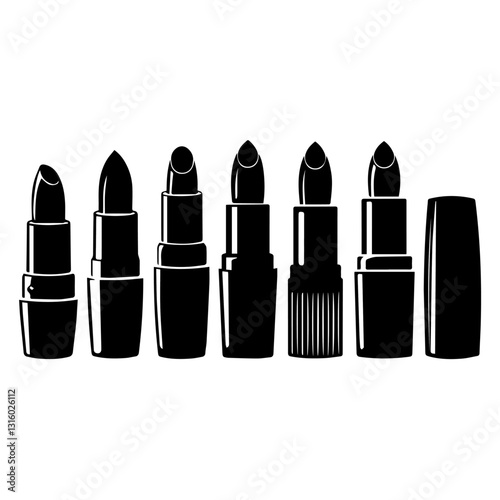 A black and white silhouette illustration of seven lipsticks in different styles and levels of use, arranged in a row. The design emphasizes beauty, fashion, and cosmetics.