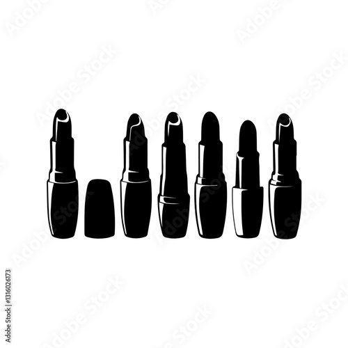 A black and white silhouette illustration of seven lipsticks in different styles and levels of use, arranged in a row. The design emphasizes beauty, fashion, and cosmetics.