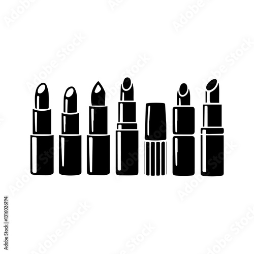 A black and white silhouette illustration of seven lipsticks in different styles and levels of use, arranged in a row. The design emphasizes beauty, fashion, and cosmetics.