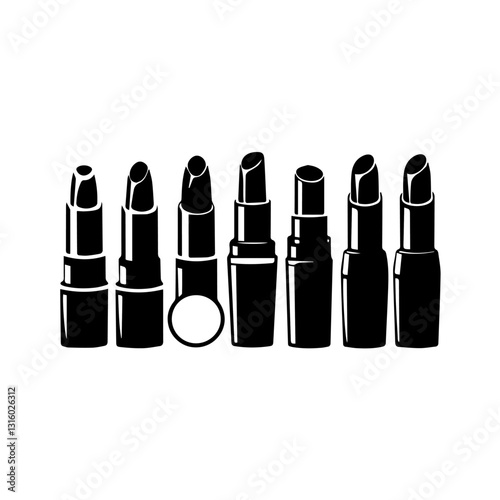 A black and white silhouette illustration of seven lipsticks in different styles and levels of use, arranged in a row. The design emphasizes beauty, fashion, and cosmetics.