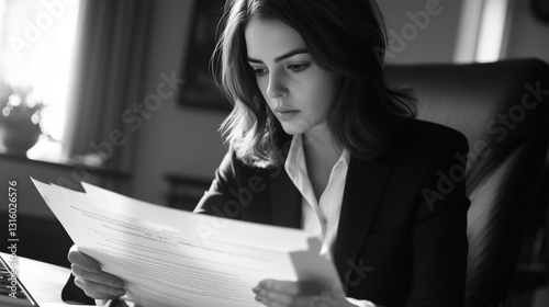 A Businesswoman Reviewing Legal Terms with Careful Attention.