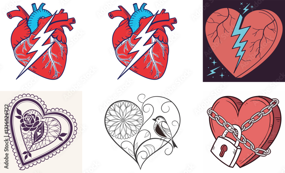 Collection of different doodle hearts sketch design set