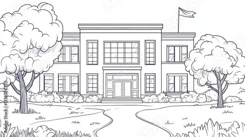 A coloring book containing a school building and educational drawings, doodles, and outlined contours serves as a tool for a kindergarten student's sketching and learning lessons