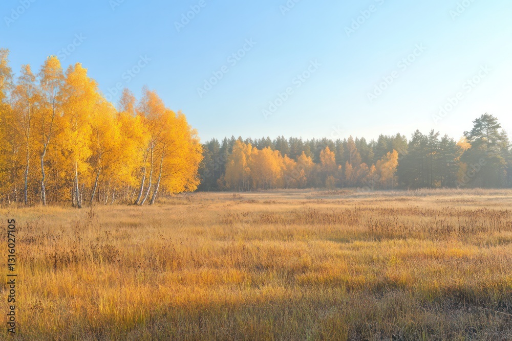 Golden autumn field with a gentle morning haze and dewdrops on grass. Golden autumn field with a gentle morning haze and dewdrops on grass.