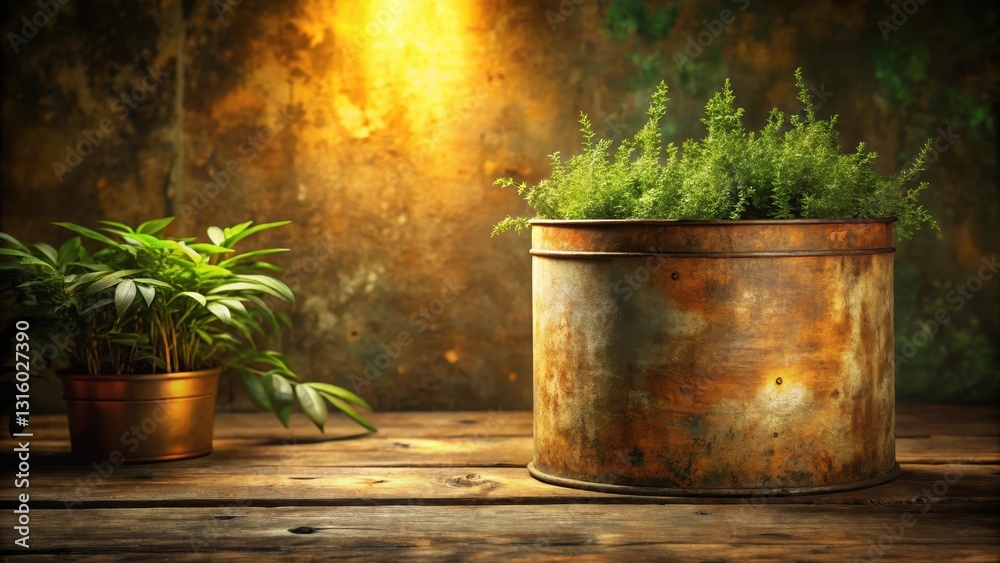 Rustic Still Life Featuring Two Lush Green Plants in Distinctive Containers on a Weathered Wooden Surface Rustic Still Life Featuring Two Lush Green Plants in Distinctive Containers on a Weathered Wooden Surface