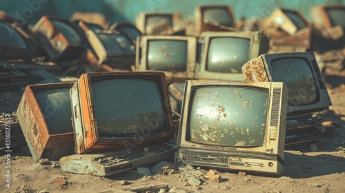 A mounting heap of old and broken electronic items, including discarded laptops and computers, is a result of the rapid obsolescence of technology and wasteful consumption