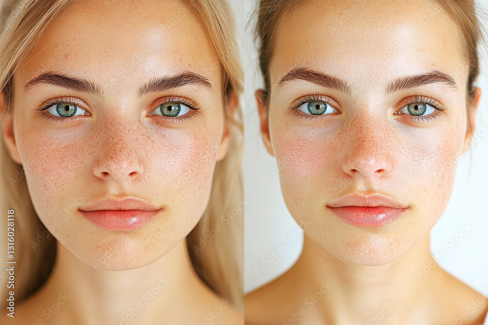 Two portraits of a woman showcasing different makeup looks, highlighting natural beauty and skin texture. Two portraits of a woman showcasing different makeup looks, highlighting natural beauty and skin texture.
