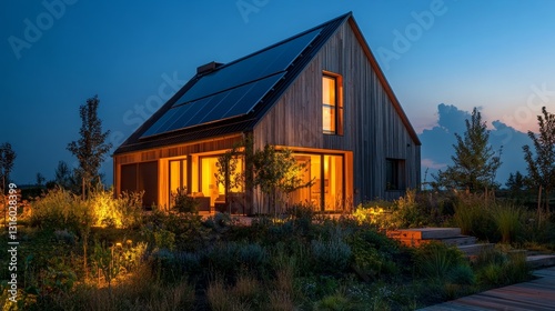 Innovative house night sky roof and efficient exterior property evening technology come together in a sustainable solar panel home to create a modern clean energy system that is renewable and