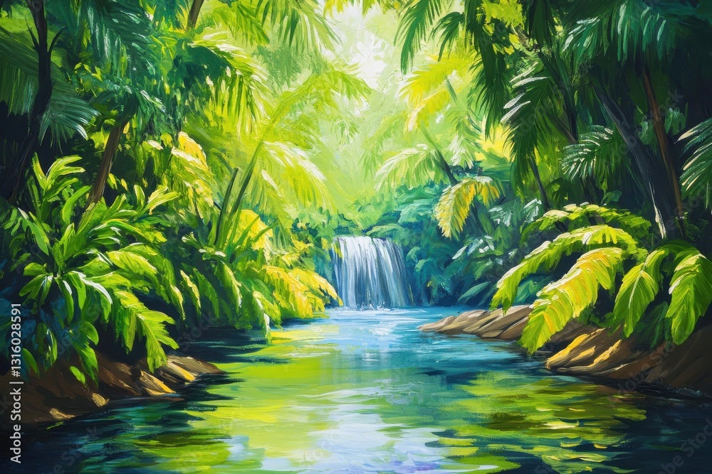 Lush tropical rainforest river view with vibrant foliage and tranquil water reflections for nature enthusiasts and eco-travelers looking to explore exotic destinations Lush tropical rainforest river view with vibrant foliage and tranquil water reflections for nature enthusiasts and eco-travelers looking to explore exotic destinations