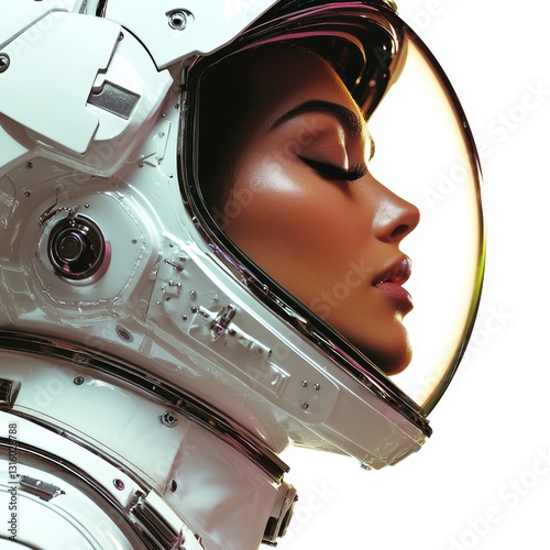 A modern spacewoman is portrayed as a female astronaut in a spacesuit, with the image representing a woman cosmonaut and space explorer, and featuring an isolated concept of a galaxy mission in