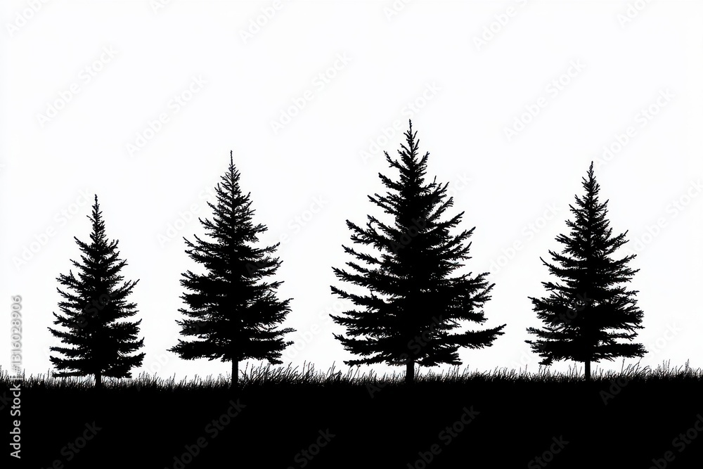 Obraz premium Pine tree silhouettes for nature enthusiasts in minimalist styles, perfect for eco-conscious projects and tranquil decor themes that inspire serenity and connection to the outdoors