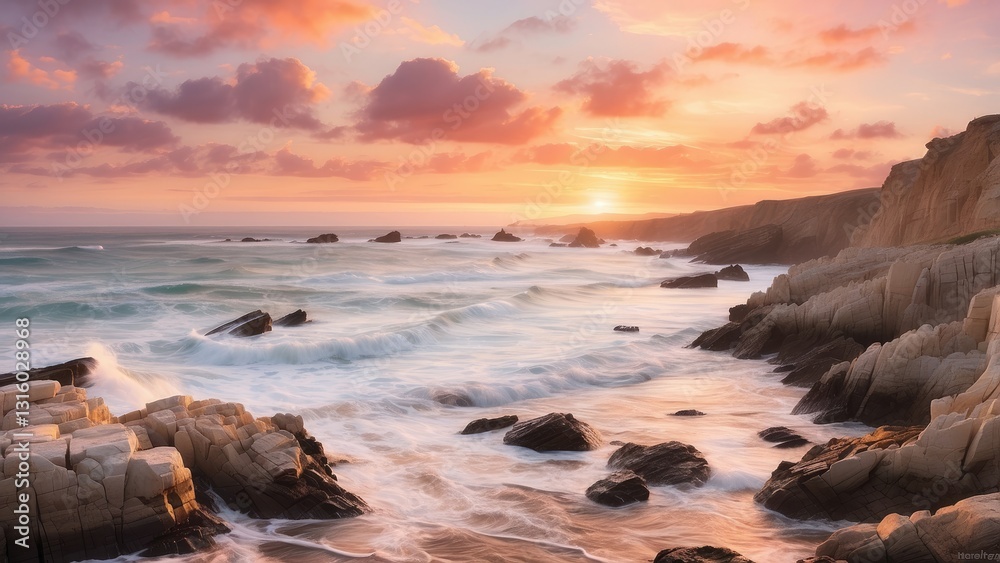 Fototapeta premium A coastal landscape at sunset, featuring rugged cliffs and rocky formations along the shoreline.