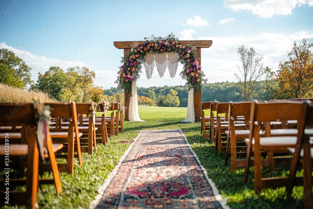 Obraz premium A charming outdoor wedding setup features a floral archway, wooden chairs, and a scenic backdrop, perfect for a romantic ceremony.