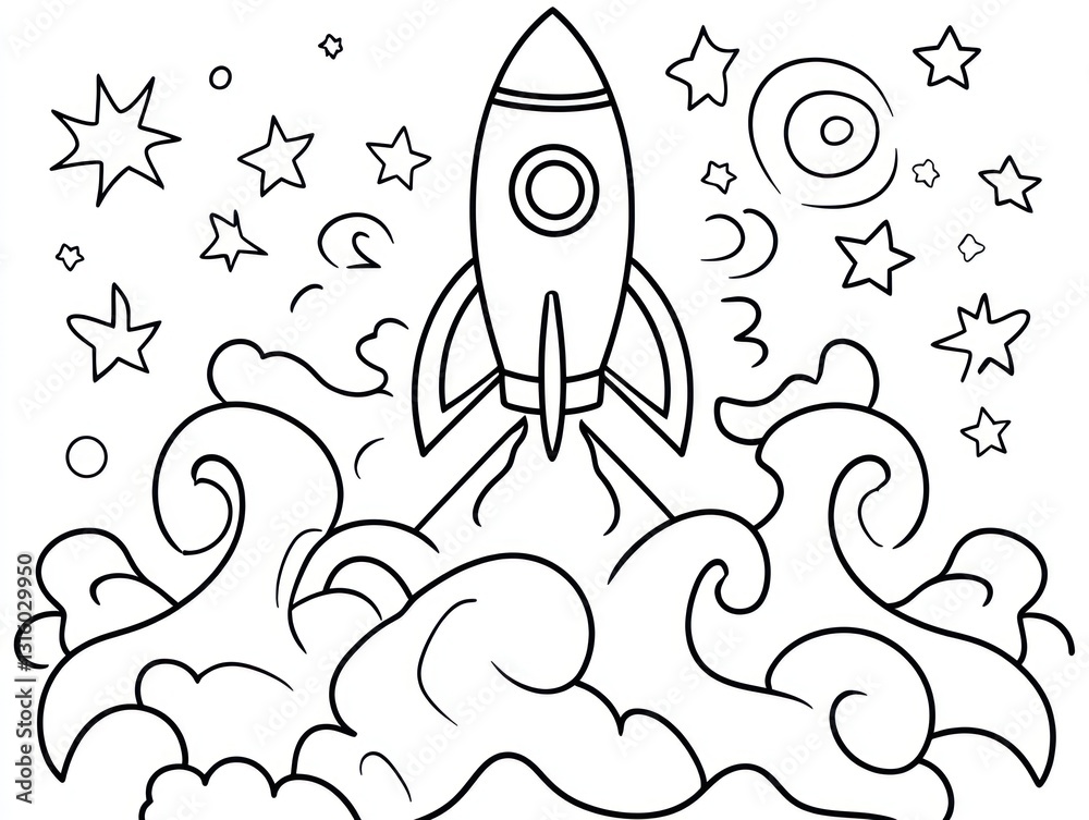 Rocket launching, space, stars, clouds, kids' coloring page Rocket launching, space, stars, clouds, kids' coloring page