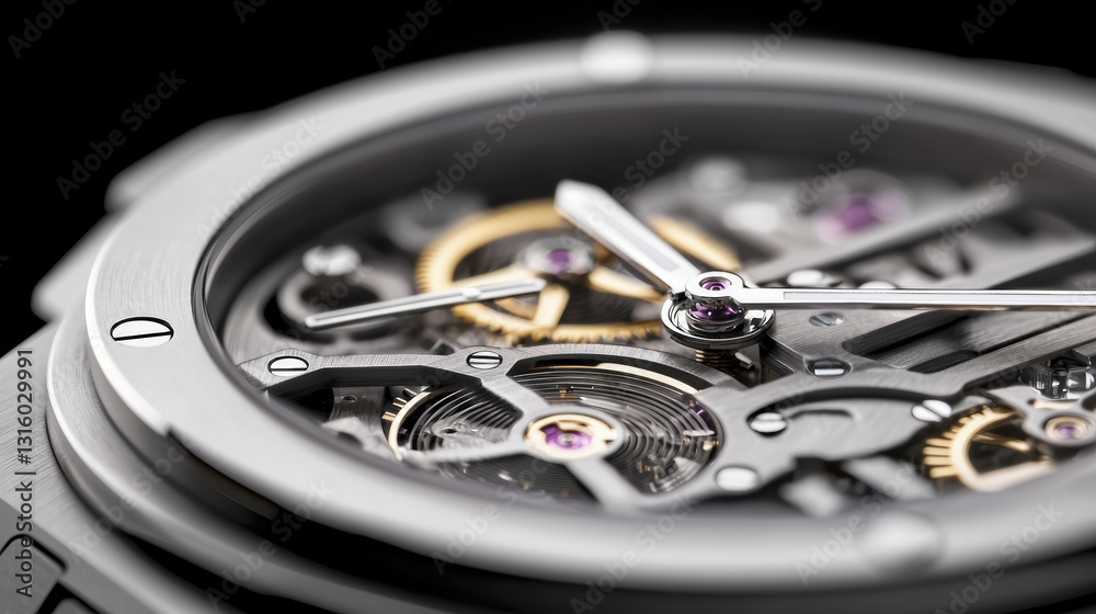 Fototapeta premium Close up of intricate mechanical watch showcasing gears and jewels, highlighting craftsmanship and precision