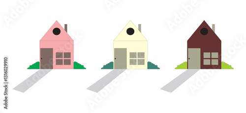 Set of houses front view. Collection of icons of urban and suburban house, town house, and cottage. Isolated vector illustration