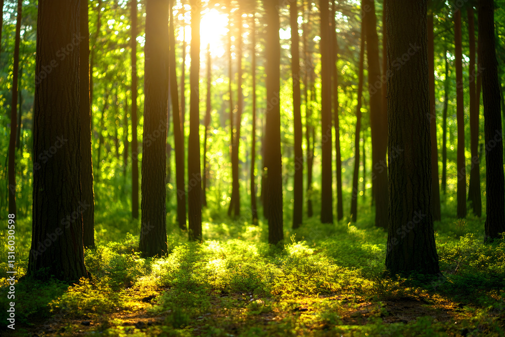Naklejka premium Sunlit Pine Forest with Tall Trees and Green Foliage – Serene Nature Landscape in Golden Light, AI GENERATIVE