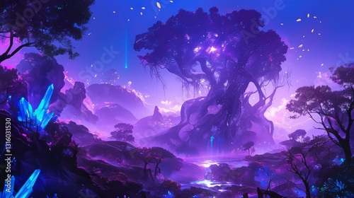 Enchanting Purple Fantasy Forest with Glowing Crystals and Mystical Tree