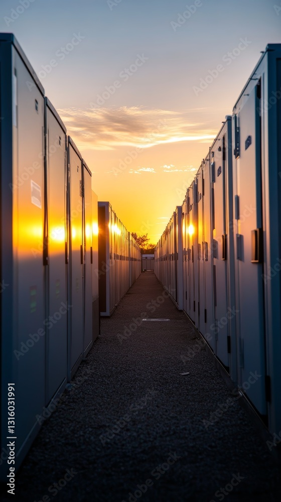 A captivating sunset illuminates storage units in an urban setting, creating a peaceful and tranquil landscape under a colorful sky during evening hours.