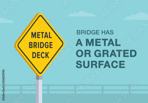 Safe driving tips and traffic regulation rules. Close-up of United States "metal bridge deck" sign meaning. Bridge has a metal or grated surface. Flat vector illustration template.