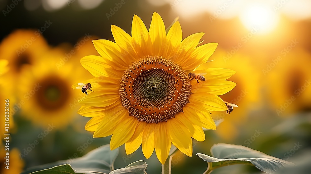 Fototapeta premium A sunlit field of blooming sunflowers with busy bees collecting pollen