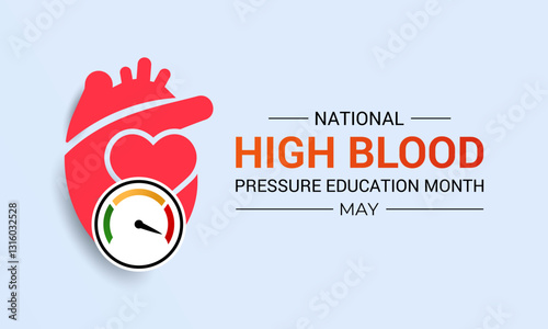 Vector art for National High Blood Pressure Education Month, promoting heart health and awareness. Hypertension is a medical condition characterized by elevated blood pressure levels. Banner poster.