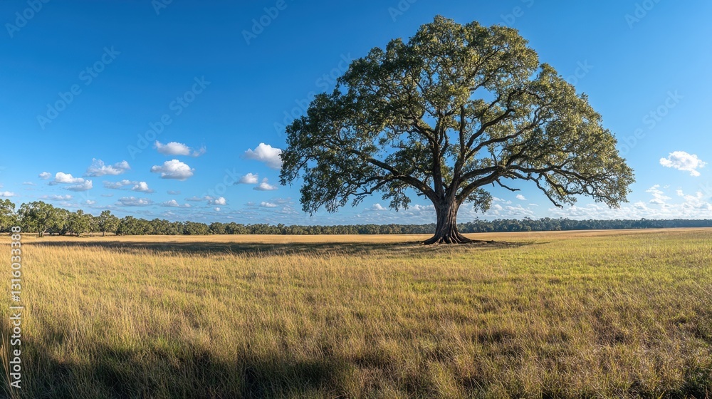 Majestic oak tree stands solitary in vast field of golden grass under bright blue sky with scattered clouds creating serene landscape Majestic oak tree stands solitary in vast field of golden grass under bright blue sky with scattered clouds creating serene landscape