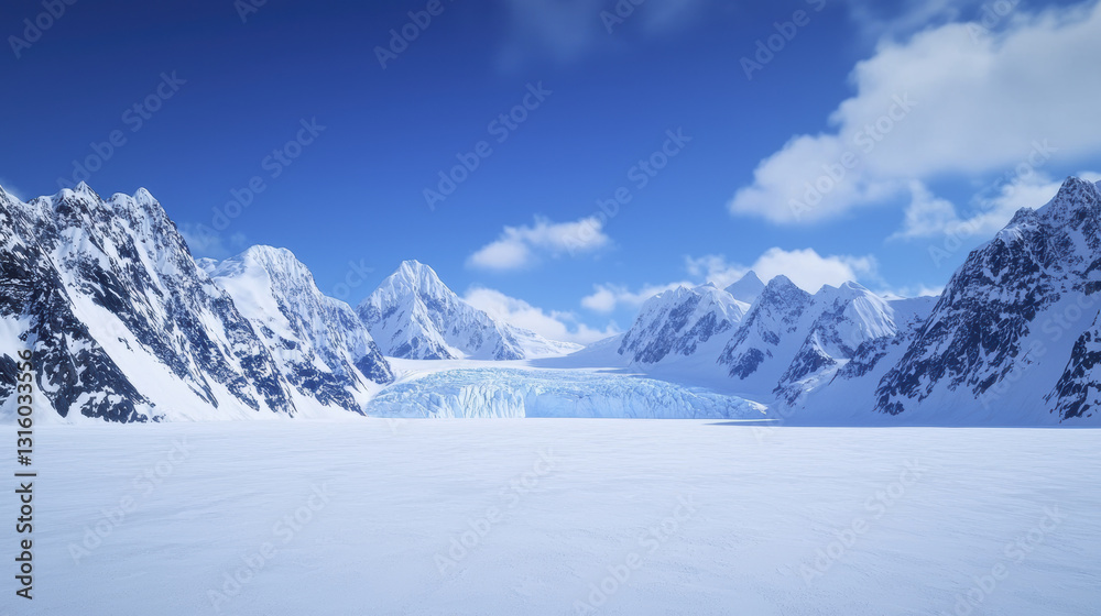 breathtaking view of glacier surrounded by majestic snow capped mountains under clear blue sky breathtaking view of glacier surrounded by majestic snow capped mountains under clear blue sky