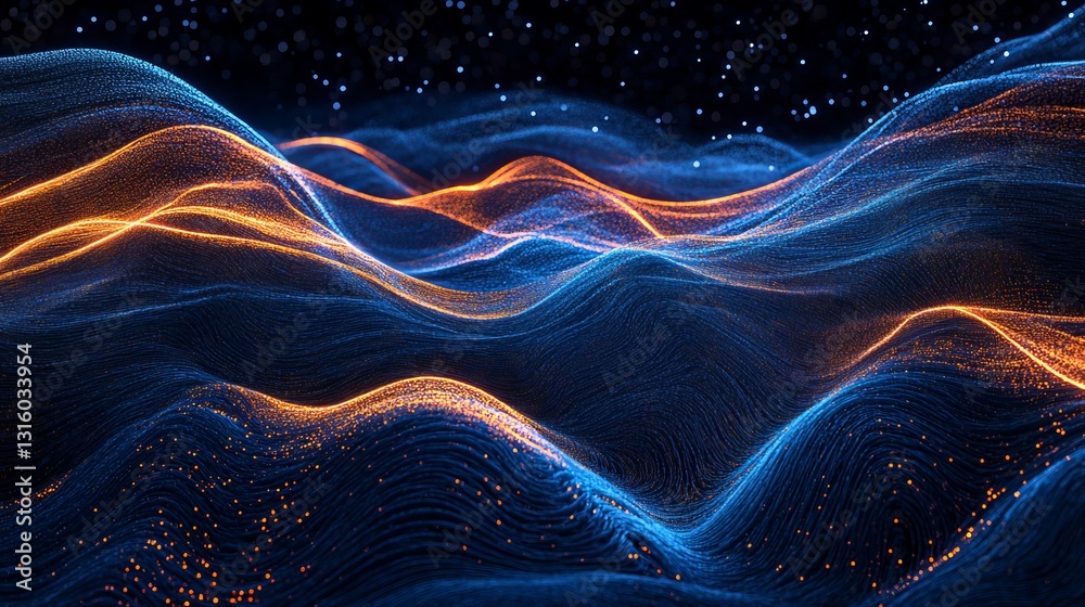 Obraz premium A blue and orange wave pattern with a lot of dots. The blue and orange waves are very close together