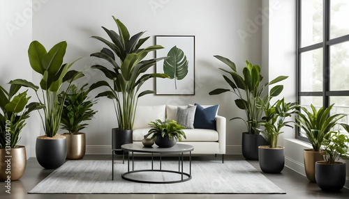 Modern Living Room with Lush Green Plants and Minimalist Decor