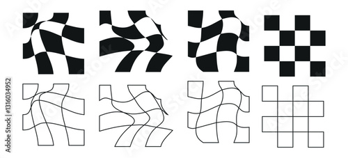 Set of geometric elements in black and white checkerboard patterns with deformation effect. A collection of square grids symbolizing dynamics in a minimalist style with optical illusion.