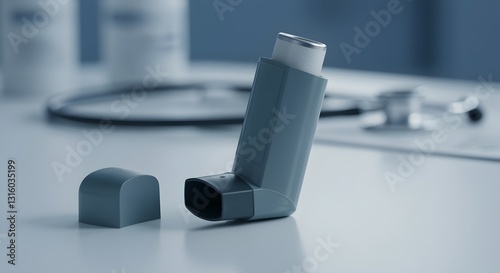 Asthma Inhaler on Doctor's Desk for Respiratory Healthcare Illustration