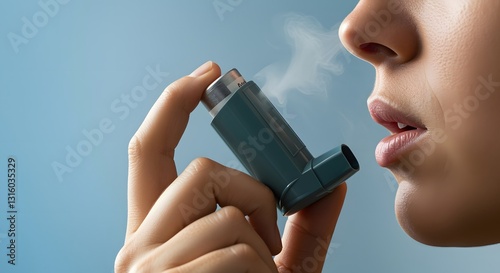 Using Asthma Inhaler for Breathing Difficulty Medical Treatment Close Up