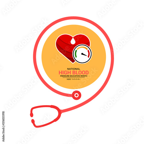Vector art for National High Blood Pressure Education Month, promoting heart health and awareness. Hypertension is a medical condition characterized by elevated blood pressure levels. Banner poster.