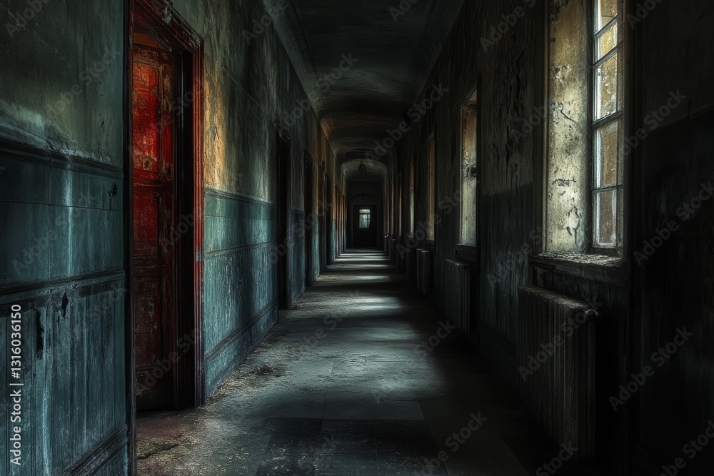 This haunting image captures a long, dimly lit corridor in a neglected building. The peeling paint, shadows, and eerie silence evoke feelings of mystery and abandonment. This haunting image captures a long, dimly lit corridor in a neglected building. The peeling paint, shadows, and eerie silence evoke feelings of mystery and abandonment.