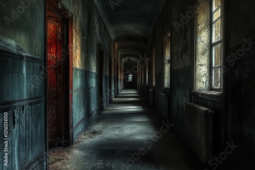 This haunting image captures a long, dimly lit corridor in a neglected building. The peeling paint, shadows, and eerie silence evoke feelings of mystery and abandonment.