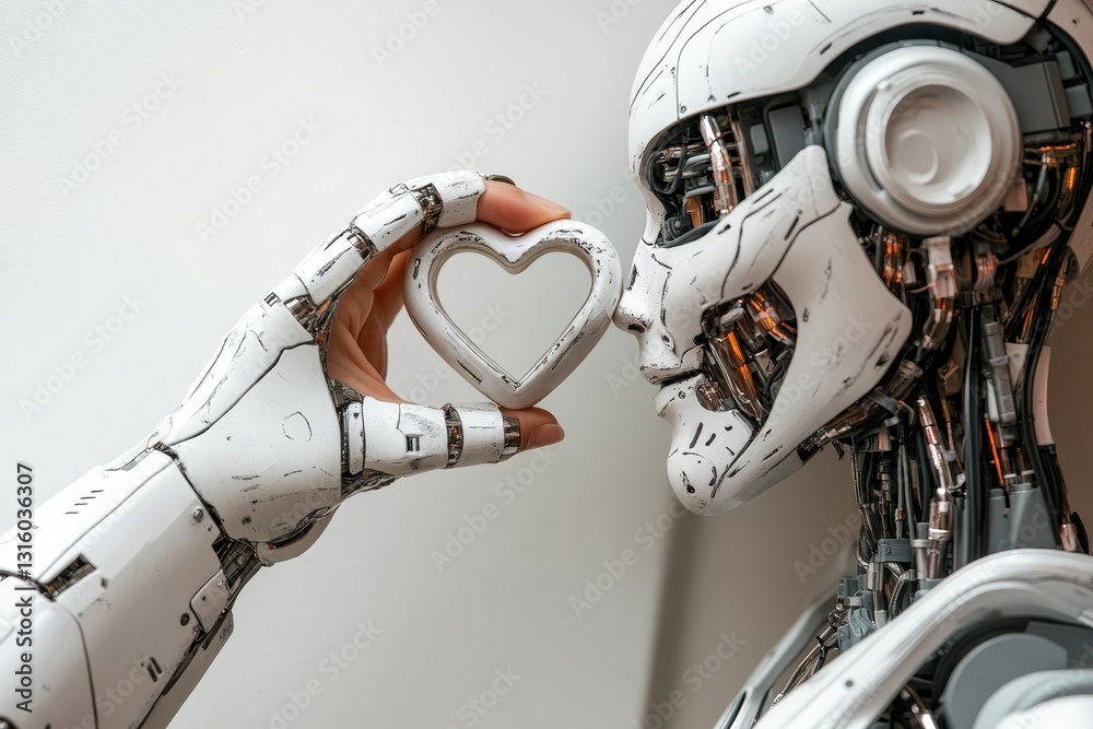 Fototapeta premium A robot's hand and a human's hand unite to create a heart-shaped love symbol