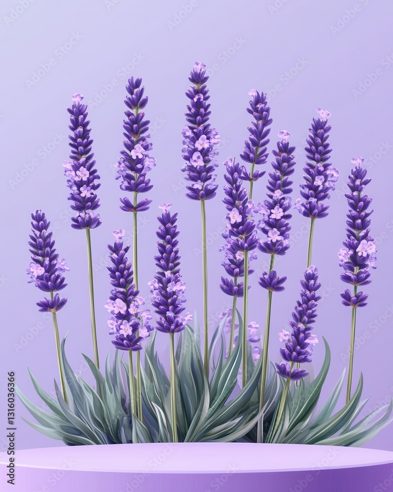 Naklejka premium Captivating lavender blooms on a soft purple pedestal evoking serenity and natural beauty in a minimalist style floral arrangement