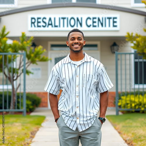 A reformed prisoner standing outside a rehabilitation center, smiling confidently, isolated on a white background