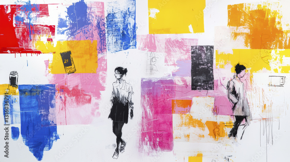 Fototapeta premium vibrant abstract artwork featuring two figures against colorful background of pink, yellow, blue, and red