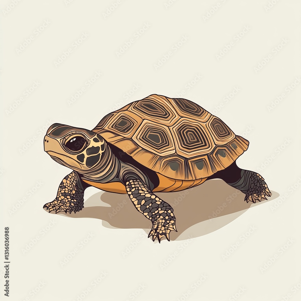 Obraz premium A turtle is standing on a white background. The turtle is small and brown. The turtle is looking at the camera