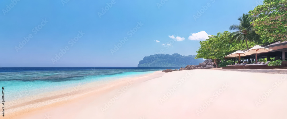 Naklejka premium Beachfront paradise with calm waters and tropical scenery under clear blue sky