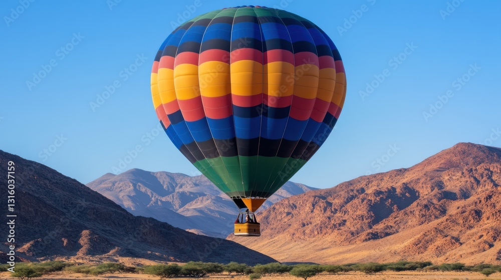 Obraz premium A vibrant hot air balloon floats above a sprawling desert landscape under a clear blue sky, evoking a sense of adventure and freedom.