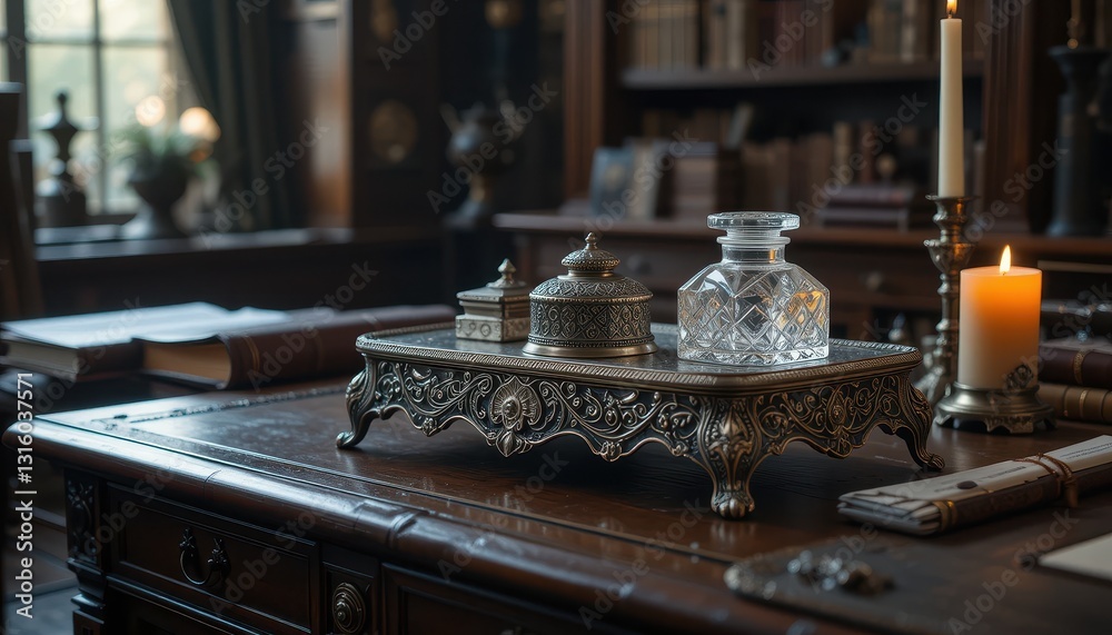 Fototapeta premium Antique Inkwell Set on Ornate Tray with Crystal Decanter and Candles on Wooden Desk