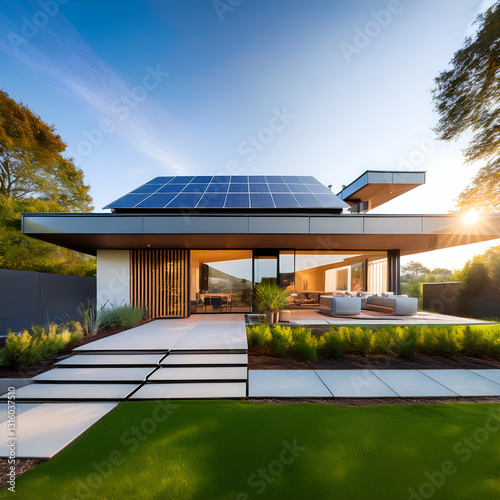 modern house with solar panels on roof