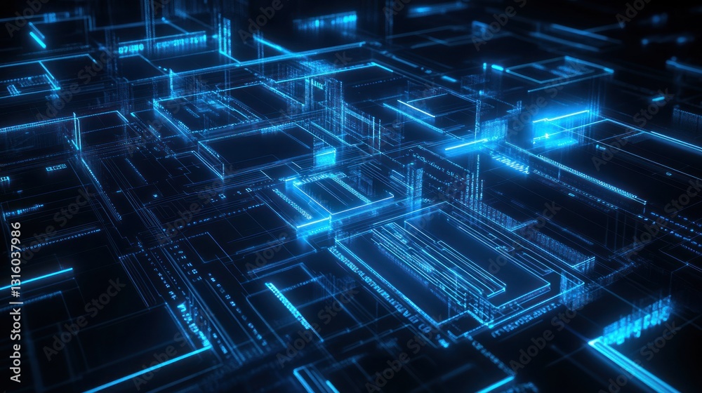Obraz premium Abstract Digital Network Glowing Blue Blocks Data Stream