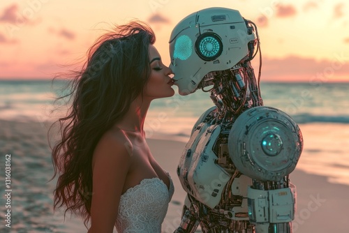 A pair of gorgeous women in white dresses are kissing a humanoid robot on the beach as the sun sets